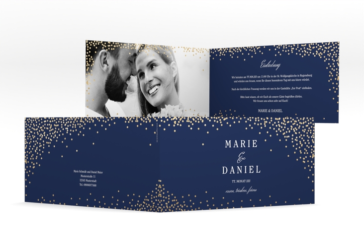 Hochzeitseinladung Glitter lange Klappkarte quer blau hochglanz