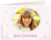 Klick: Details zu Einschulungskarte "Feenstaub" anzeigen Einschulungskarte Feenstaub A6 Klappkarte quer rosa