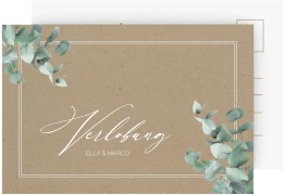 Klick: Details zu Verlobungskarte Hochzeit "Eucalypt" anzeigen Verlobungskarte Hochzeit Eucalypt A6 Postkarte Kraftpapier mit Eukalyptus und edlem Rahmen