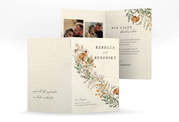 Danksagungskarte Hochzeit Wildfang A6 Klappkarte hoch beige hochglanz mit getrockneten Wiesenblumen