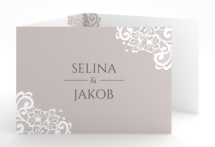 Hochzeitseinladung Vintage A6 Doppel-Klappkarte grau mit floraler Spitze