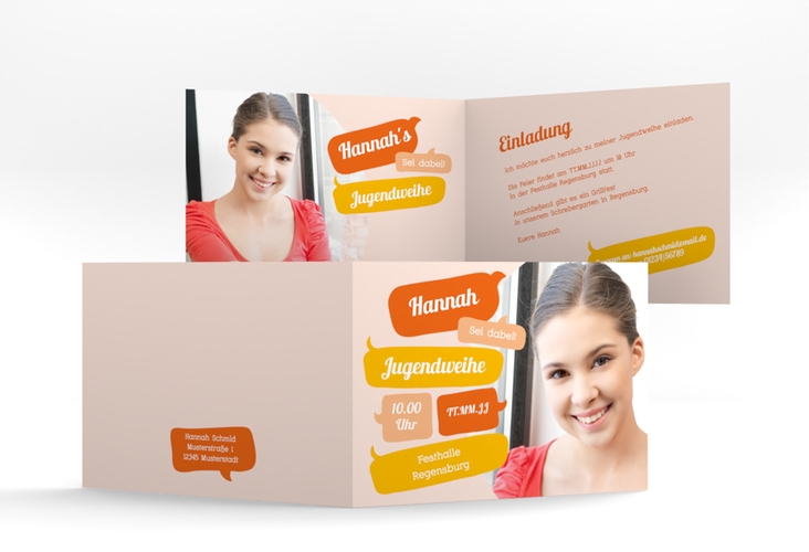 Einladungskarte Jugendweihe Grownup A6 Klappkarte quer orange hochglanz
