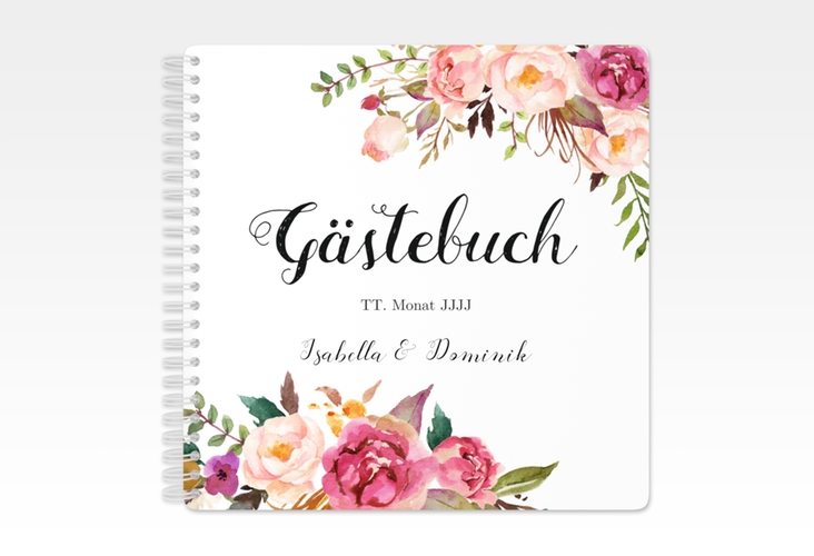 Gästebuch Hochzeit Flowers Ringbindung weiss mit bunten Aquarell-Blumen