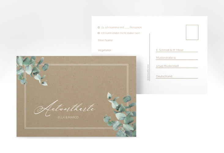 Antwortkarte Hochzeit Eucalypt A6 Postkarte Kraftpapier mit Eukalyptus und edlem Rahmen