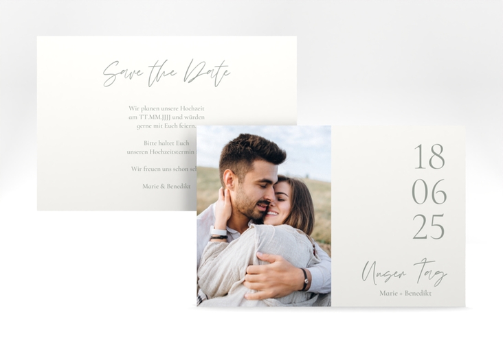 Save the Date-Karte Unser Tag A6 Karte quer weiss hochglanz mit Foto und großem Datum
