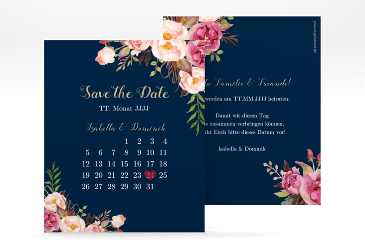 Save the Date-Kalenderblatt Flowers Kalenderblatt-Karte blau mit bunten Aquarell-Blumen