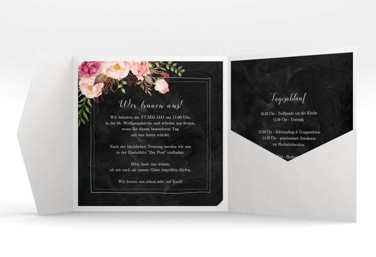 Hochzeitseinladung Flowers Pocketfold schwarz hochglanz mit bunten Aquarell-Blumen