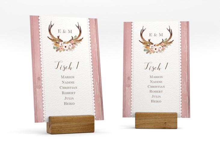 Tischaufsteller Hochzeit Heimatjuwel Tischaufsteller rosa mit Hirschgeweih und Holz-Hintergrund
