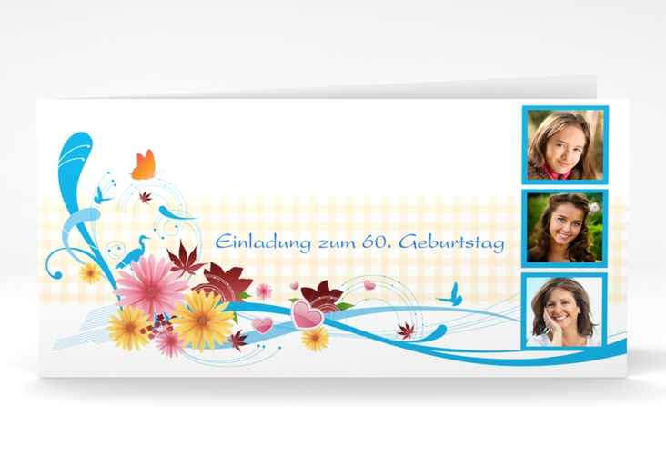 Einladung 60. Geburtstag Elisabeth lange Klappkarte quer blau