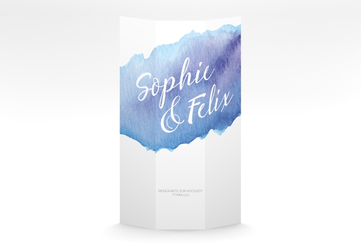 Menükarte Hochzeit "Aquarella" DIN A4 Wickelfalz blau