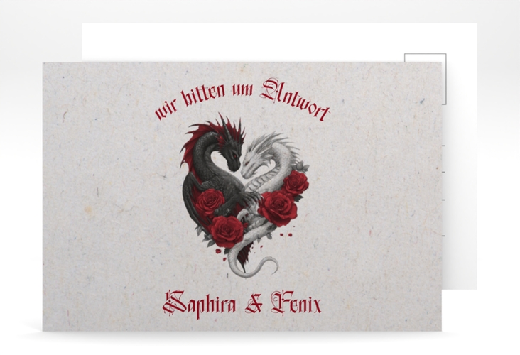 Antwortkarte Hochzeit Drachenliebe A6 Postkarte grau mit schwarzem und weißem Drachen zu einem Herz verschlungen