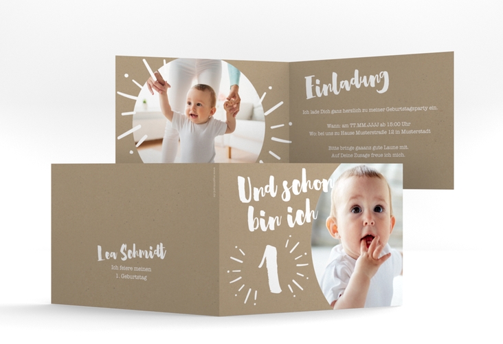 Einladungskarte Kindergeburtstag "Yippie" DIN A6 Klappkarte quer zum 1. Geburtstag mit Babyfoto