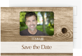 Save the Date-Postkarte Geburtstag Michael/Michaela A6 Postkarte im rustikalen Holz-Design mit Foto