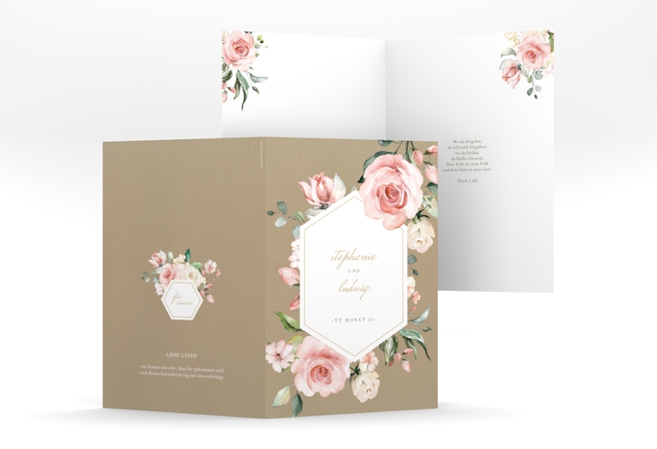 Kirchenheft Hochzeit Graceful A5 Klappkarte hoch Kraftpapier mit Rosenblüten in Rosa und Weiß