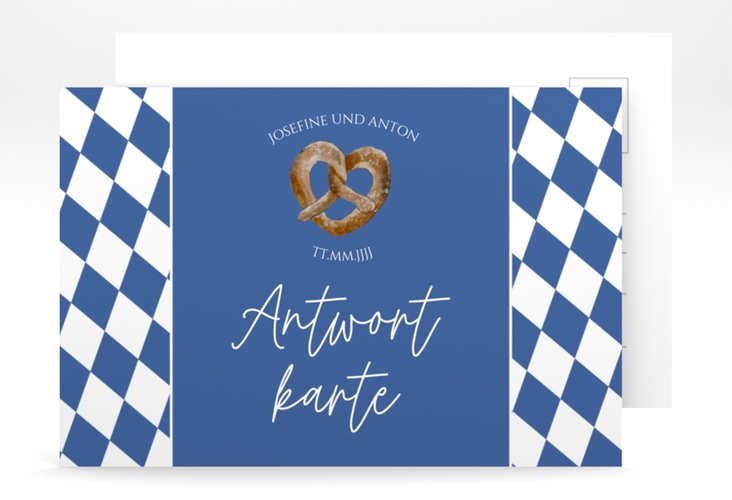 Antwortkarte Hochzeit Bayrisch A6 Postkarte blau mit weiß-blauen Rauten und Brezel in Herzform