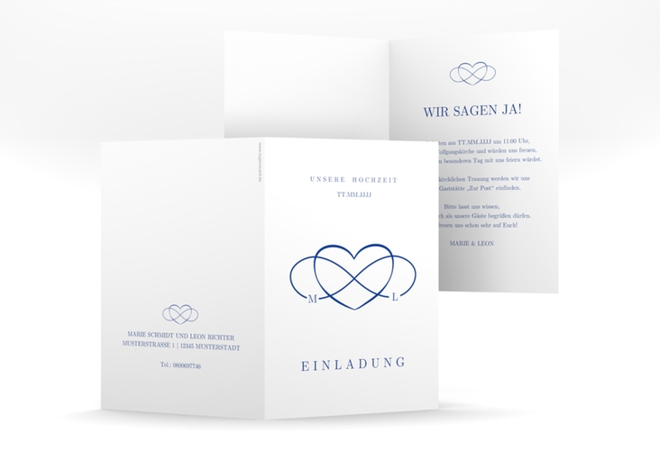 Einladungskarte Hochzeit Infinity A6 Klappkarte hoch blau hochglanz