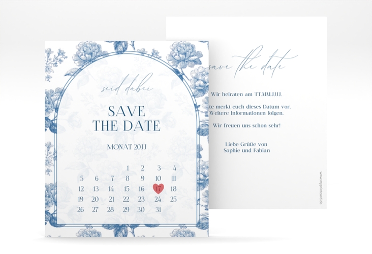 Save the Date-Kalenderblatt Blue Floral Kalenderblatt-Karte weiss mit blauem Blumenmuster auf weißem Grund