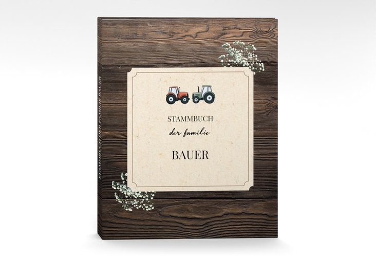 Stammbuch A4 Bauernhochzeit Stammbuch A4 in rustikaler Holz-Optik mit Schleierkraut und zwei kleinen Traktoren