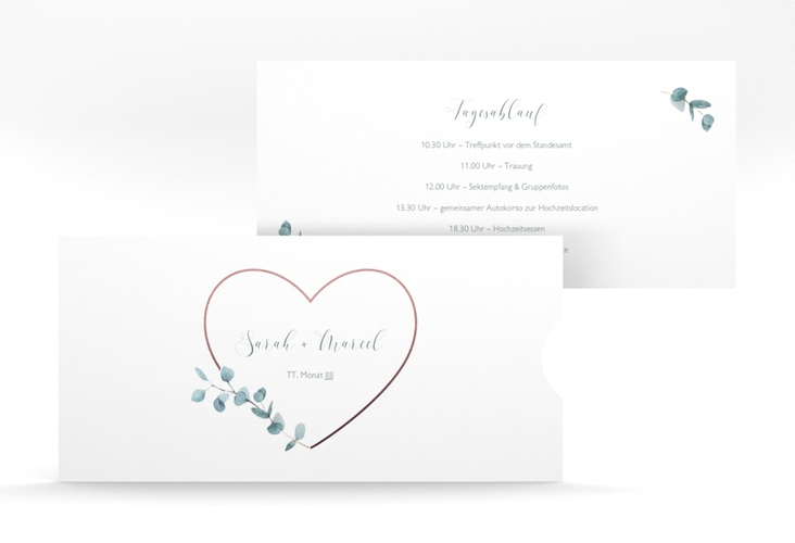 Hochzeitseinladung Greenheart Einsteckkarte rosa mit elegantem Herz und Eukalyptus-Zweig