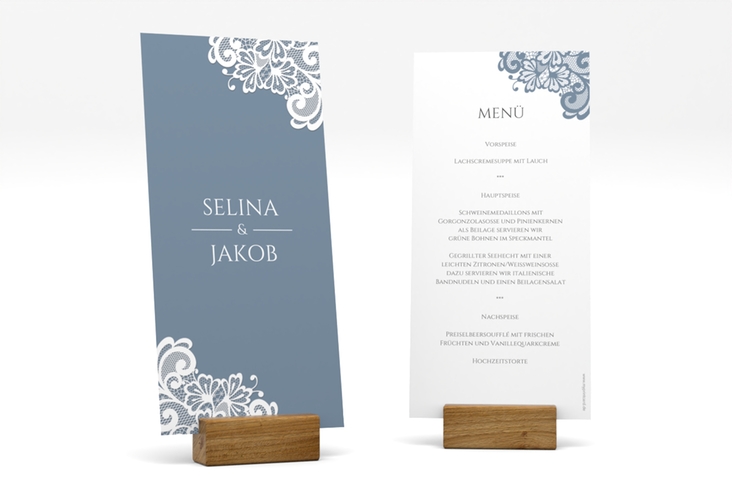Menükarte Hochzeit Vintage lange Karte hoch blau mit floraler Spitze