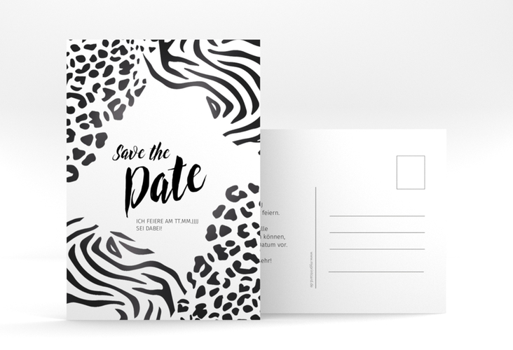 Save the Date-Postkarte Geburtstag Wild A6 Postkarte weiss hochglanz mit Animal Prints von Zebra und Leopard