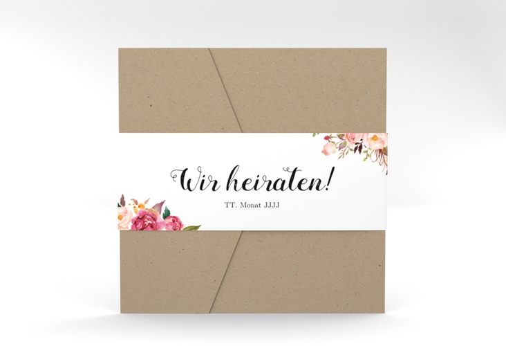 Hochzeitseinladung Flowers Pocketfold weiss mit bunten Aquarell-Blumen