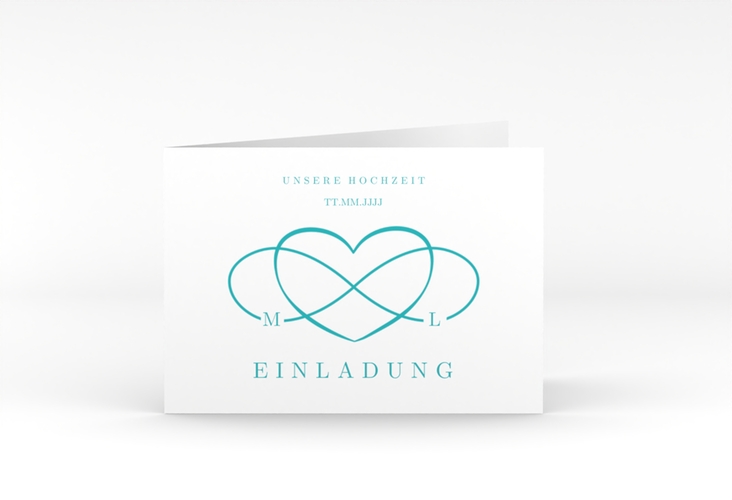 Hochzeitseinladung Infinity A6 Klappkarte quer tuerkis hochglanz