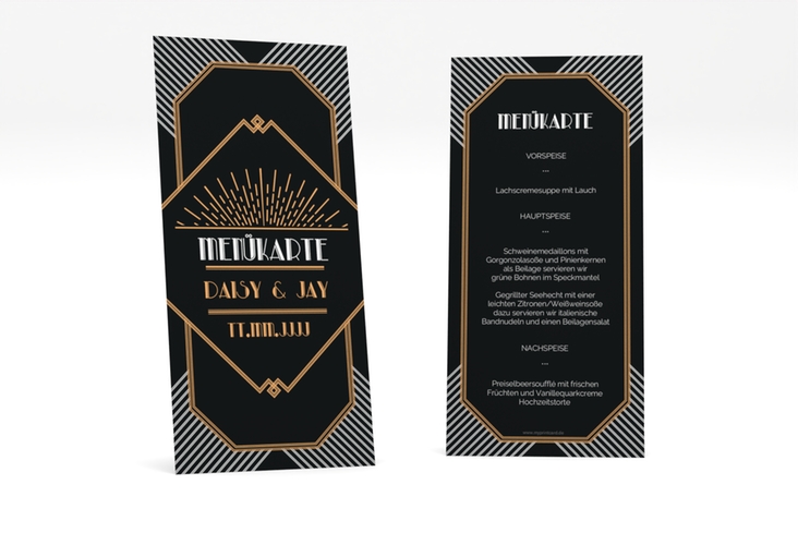Menükarte Hochzeit Gatsby lange Karte hoch schwarz im 20er-Jahre-Stil