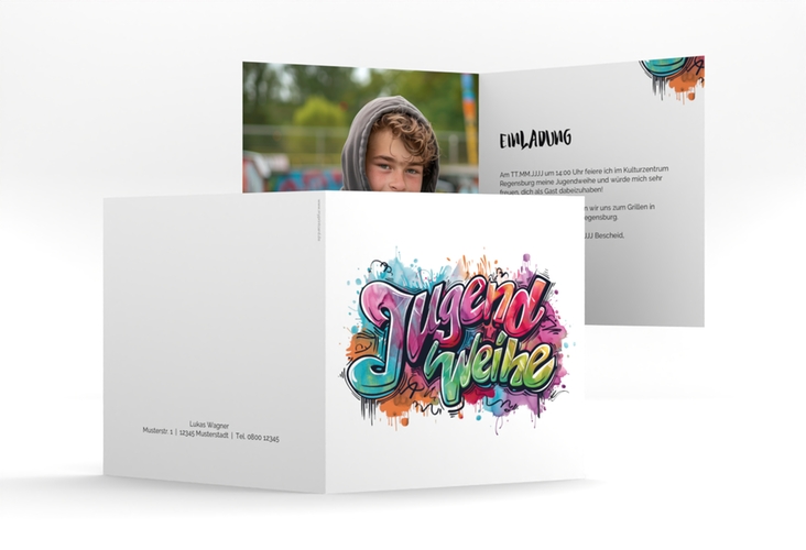 Einladungskarte Jugendweihe Stylewriting quadr. Klappkarte bunt mit Graffiti-Schriftzug