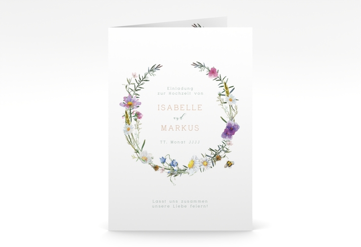Einladungskarte Hochzeit Blumengarten A6 Klappkarte hoch mit Blumenkranz und Hummel