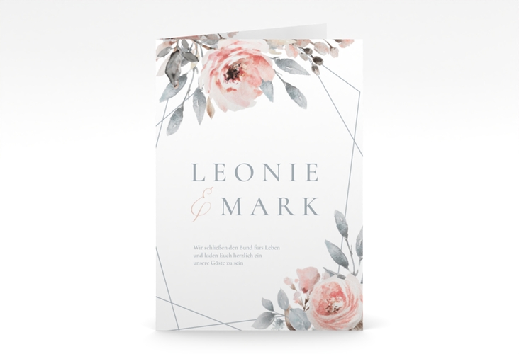Einladungskarte Hochzeit Perfection A6 Klappkarte hoch weiss hochglanz mit rosa Rosen