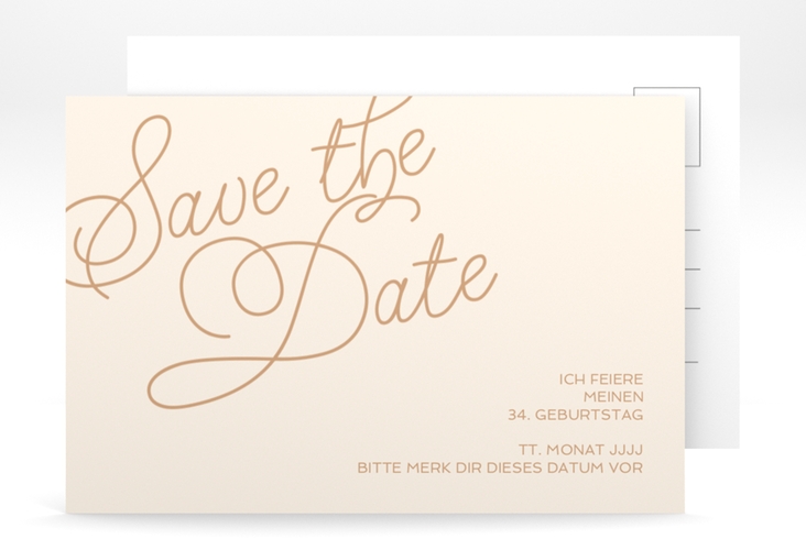 Save the Date-Postkarte Geburtstag Schwungvoll A6 Postkarte beige hochglanz