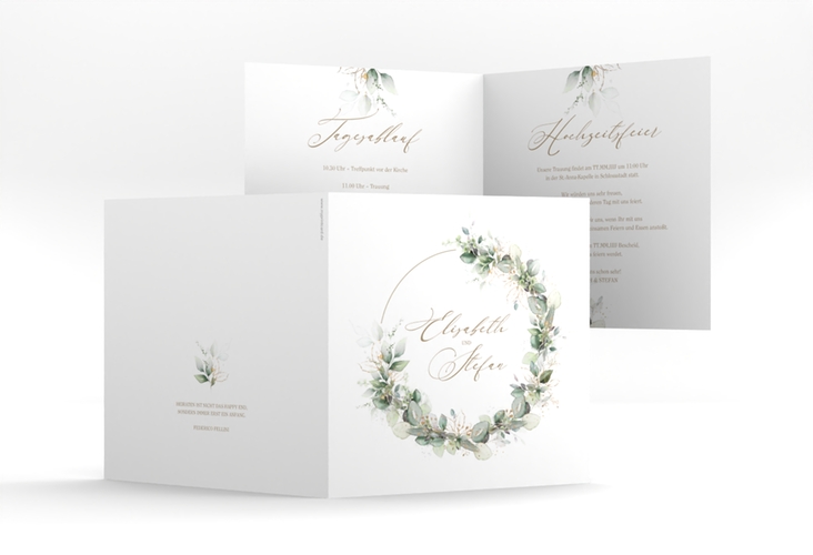 Hochzeitseinladung Selvatica quadr. Klappkarte weiss mit Eukalyptus-Kranz