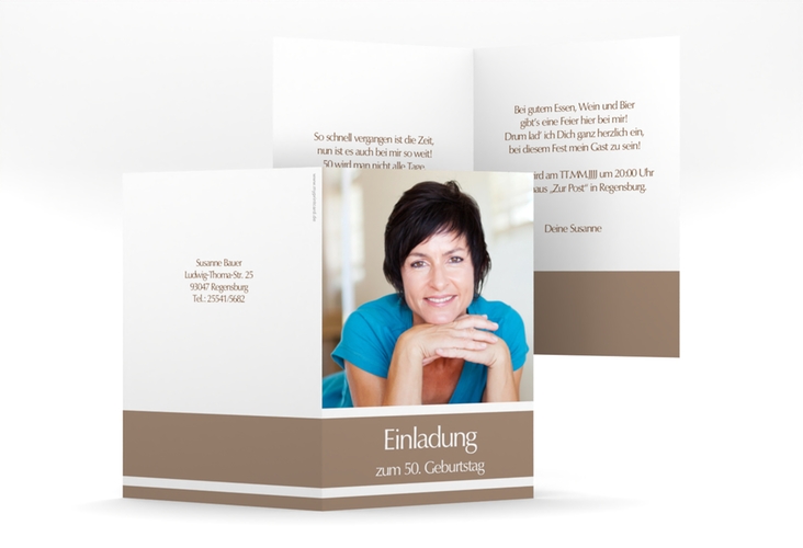 Einladung 50. Geburtstag Gerd/Gerda A6 Klappkarte hoch braun mit Foto