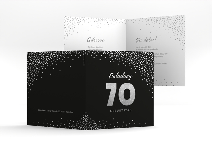 Einladung 70. Geburtstag Glitzer quadr. Klappkarte grau