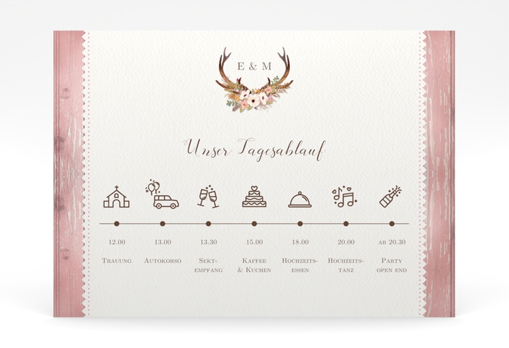 Tagesablauf Poster Hochzeit Heimatjuwel 70 x 50 cm Poster rosa mit Hirschgeweih und Holz-Hintergrund