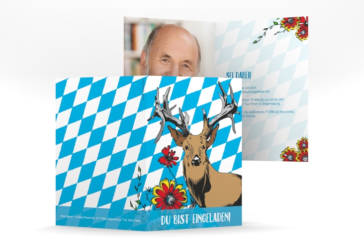 Einladung 60. Geburtstag Platzhirsch A6 Klappkarte hoch blau