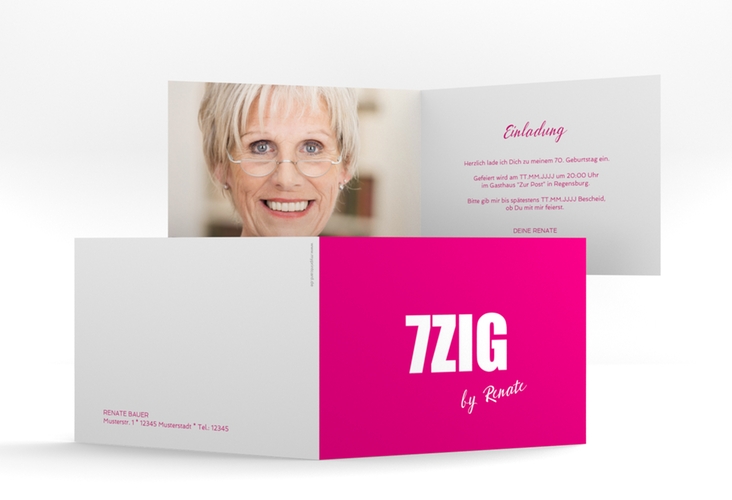 Einladung 70. Geburtstag Zig A6 Klappkarte quer pink hochglanz