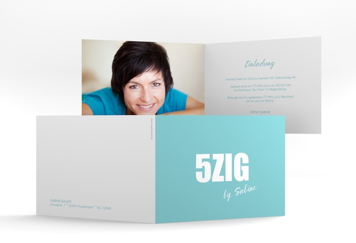 Einladung 50. Geburtstag Zig A6 Klappkarte quer tuerkis