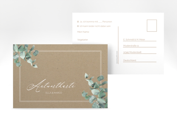 Antwortkarte Hochzeit Eucalypt A6 Postkarte Kraftpapier hochglanz mit Eukalyptus und edlem Rahmen