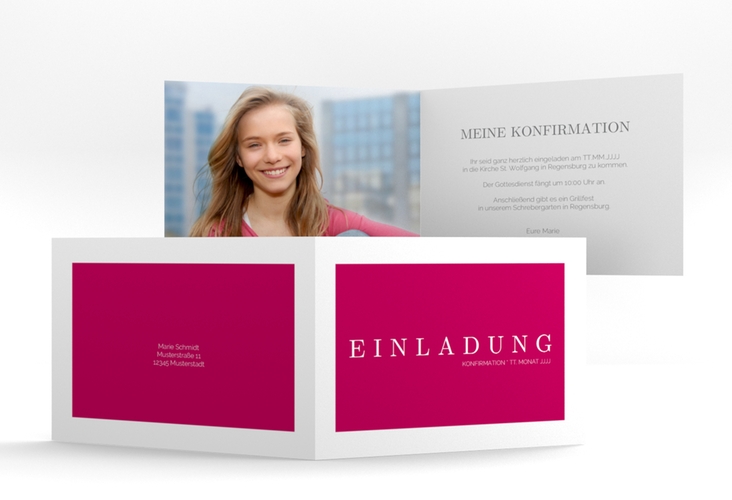 Konfirmationseinladung Glory A6 Klappkarte quer pink hochglanz