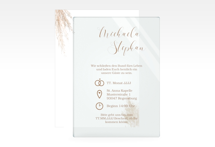 Acryl-Hochzeitseinladung Pampasgras Acrylkarte + Deckblatt hoch hochglanz