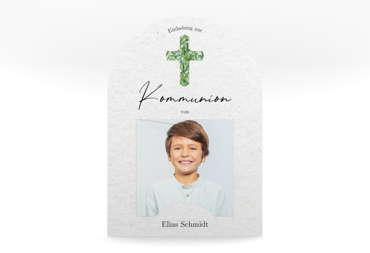 Einladung Kommunion Botanic Cross mittlere Bogen-Karte + Foto gruen