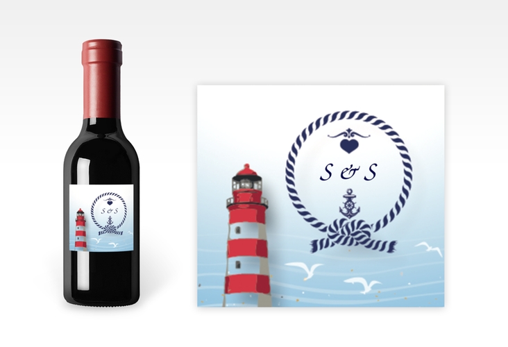 Piccoloetikett Hochzeit Sylt Etikett Piccolo blau mit Leuchtturm