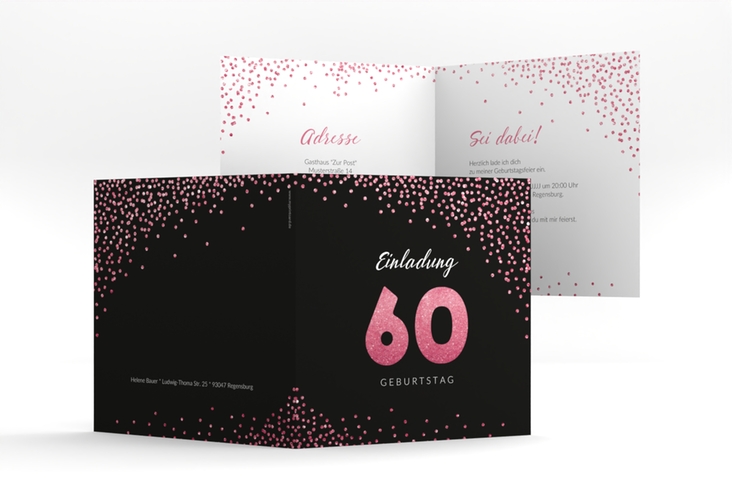 Einladung 60. Geburtstag Glitzer quadr. Klappkarte pink hochglanz