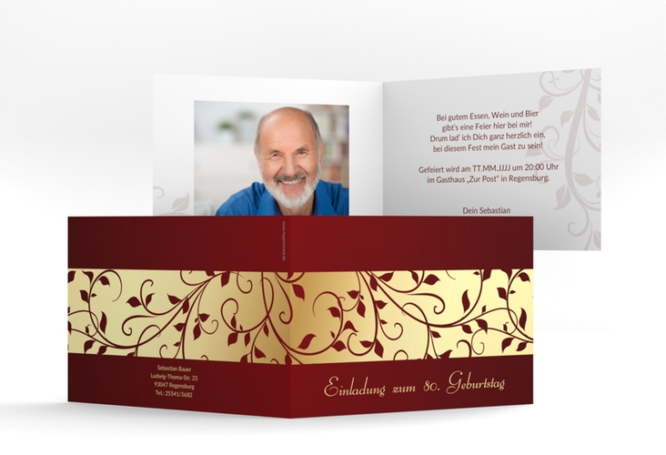 Einladung 80. Geburtstag Hermann/Hermine A6 Klappkarte quer gold