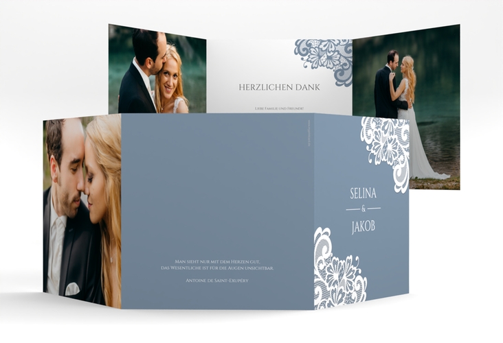 Dankeskarte Hochzeit Vintage quadr. Doppel-Klappkarte blau hochglanz mit floraler Spitze