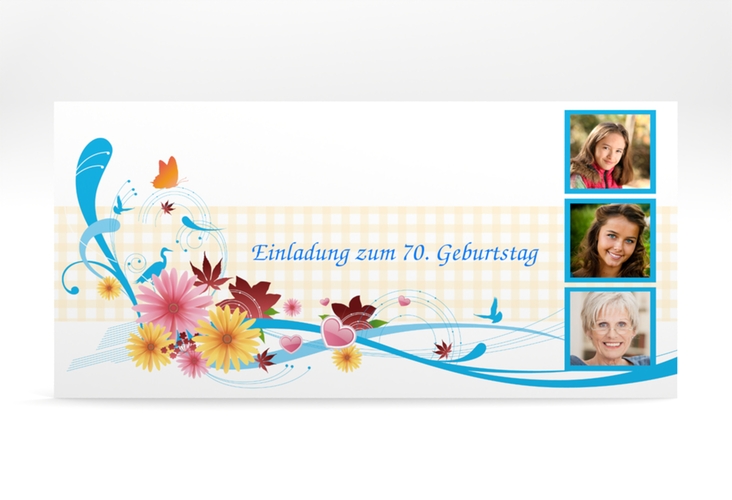 Einladung 70. Geburtstag Elisabeth lange Karte quer blau