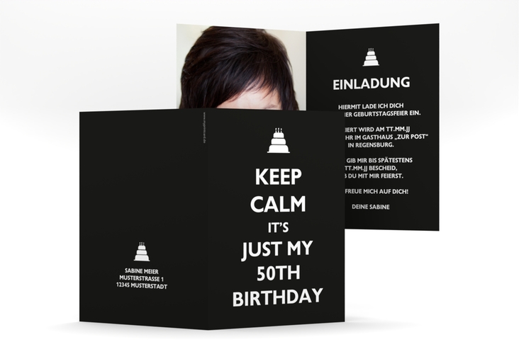 Einladung 50. Geburtstag KeepCalm A6 Klappkarte hoch schwarz hochglanz