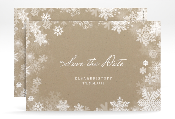 Save the Date-Karte Snowfall A6 Karte quer Kraftpapier mit Schneeflocken für Winterhochzeit